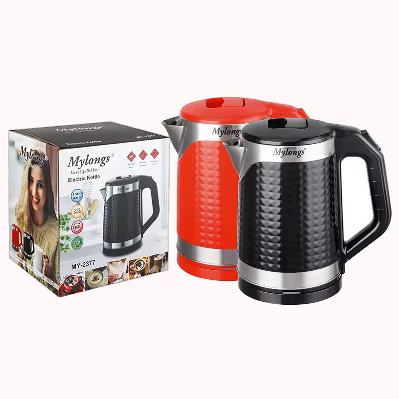 Bouilloire électrique sans fil MY-2377 2,3L 1500W en acier inoxydable avec LED, base 360° et arrêt automatique, classe A