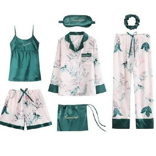 Pyjama satin femme 7 pièces – Imprimé floral (Vert)