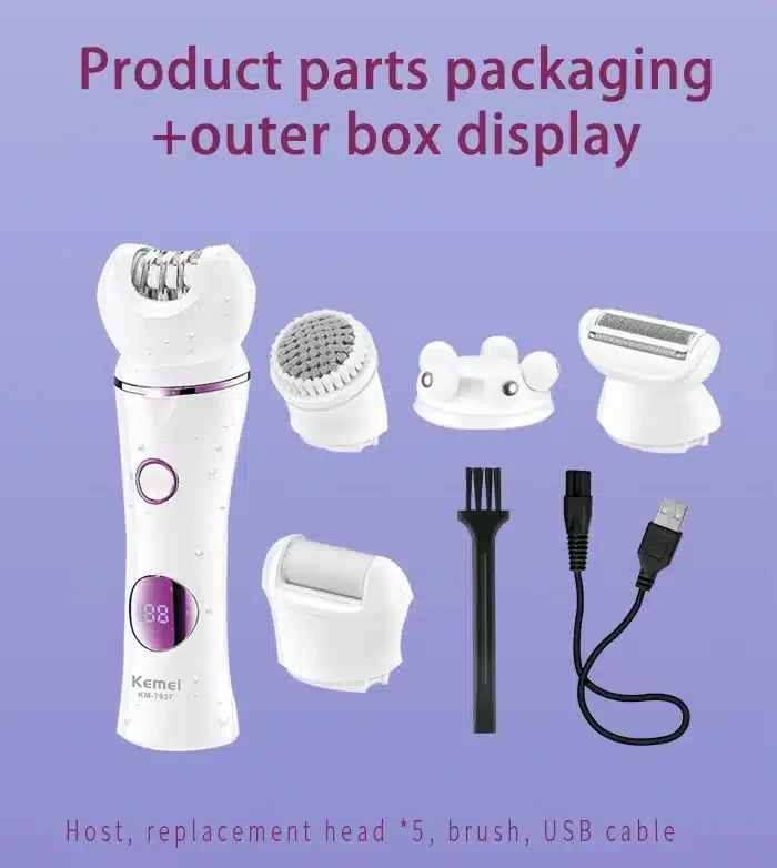 Kemei Appareil 5 en 1 Epilateur électrique étanche USB rechargeable- Gommage-Massage-Rasoir – Pieds – KM-7937 professionnel