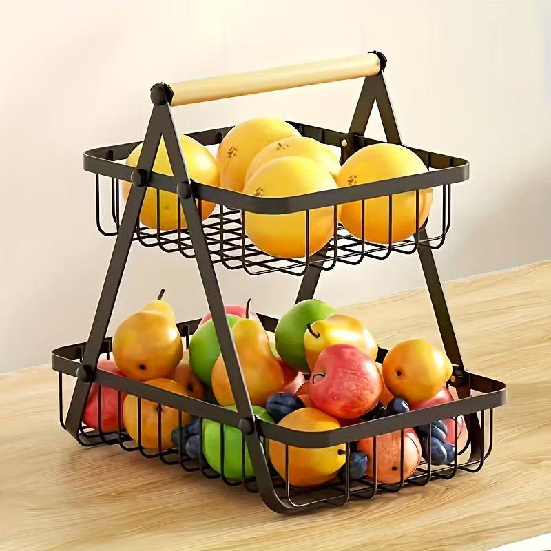 Panier de Rangement 2 Niveaux en Métal Noir avec Poignée en Bois – Organisateur Cuisine, Fruits & Salle de Bain