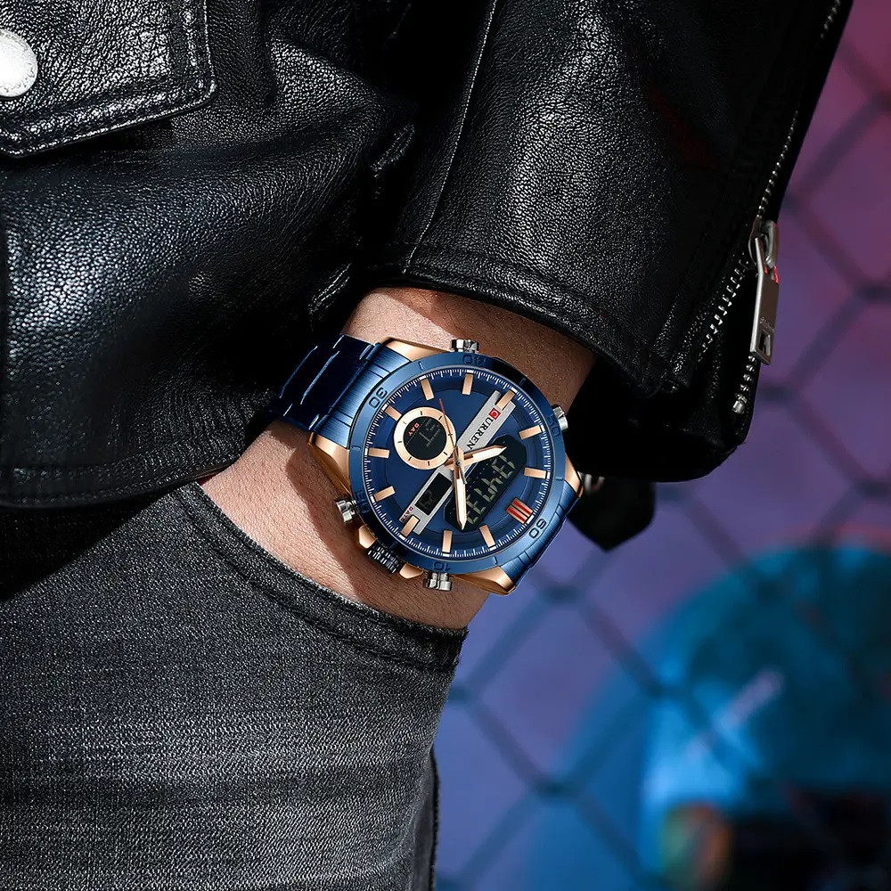 Curren Montre numérique à quartz en acier inoxydable Bleu pour homme,