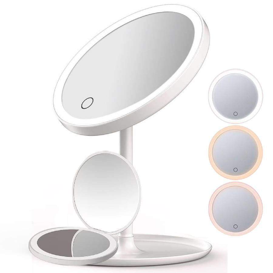 Miroir de maquillage LED tactile avec 3 lumières colorées