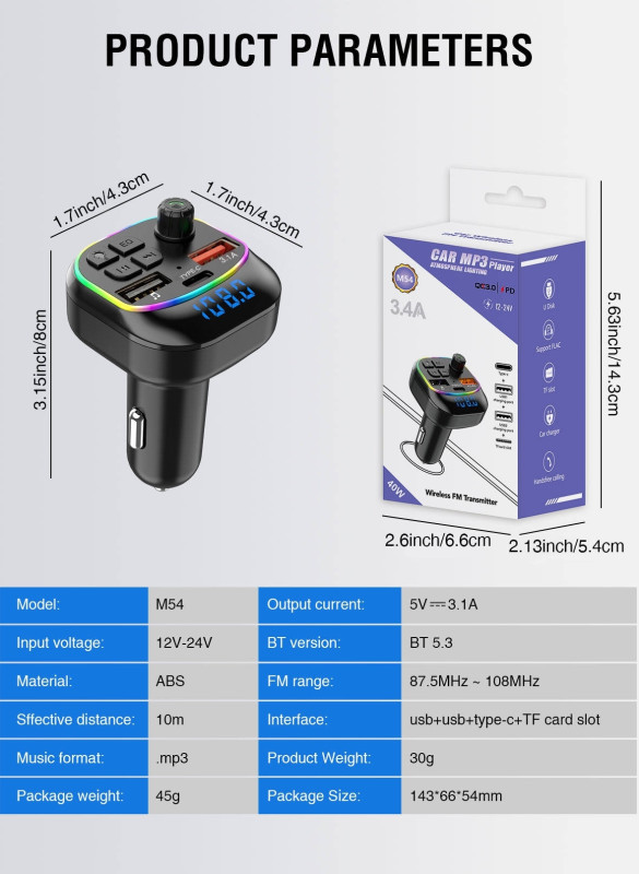 Transmetteur FM Bluetooth pour Voiture avec Chargeur USB et Type-C M54