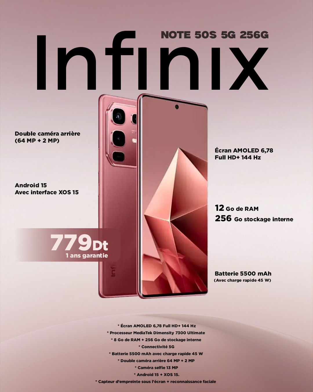 Infinix Note 50S 5G+ 8 Go RAM 256 Go – Écran AMOLED 6,78 pouces, Caméra 64 MP, Batterie 5500 mAh