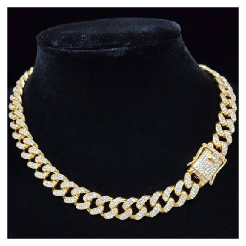 Collier Homme Chaîne Cubaine Doré Incrustée de Zircons – Fermoir Coffre-Luxe -