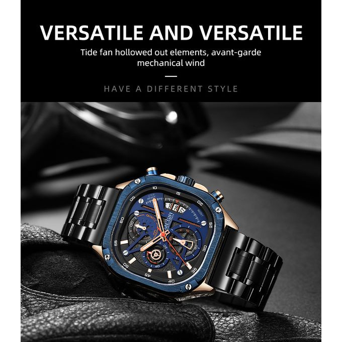 Megir Montre à quartz étanche pour homme, cadran carré, chronographe,acier inoxydable