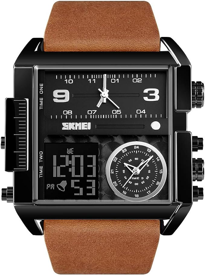 Montre-bracelet à quartz analogique, étanche, grand cadran numérique LED, bracelet en cuir