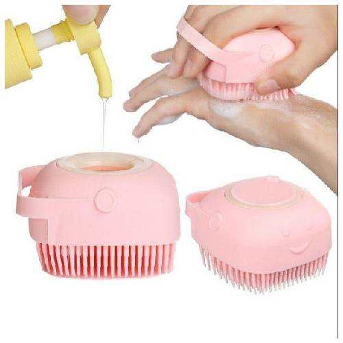 Brosse de douche en silicone 2-en-1 avec distributeur de gel rose