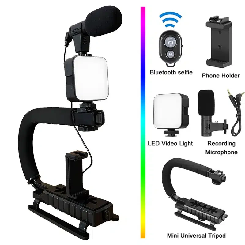 Kit universel de stabilisateur de support Vlog portatif pour photographie et vidéo, lumière LED, Microphone, obturateur à distance, caméra de téléphone, enregistrement vidéo