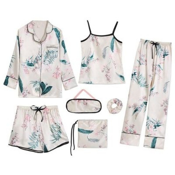 Pyjama Femme Satin 7 Pièces – Ensemble Nuit Imprimé Floral avec Bordure Contrastée