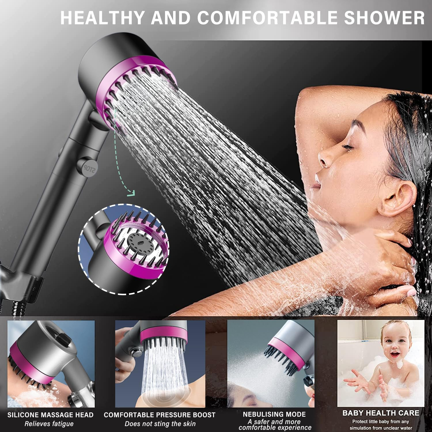 Pommeau de douche haute pression réglable avec filtre, 3 modes, économie d’eau
