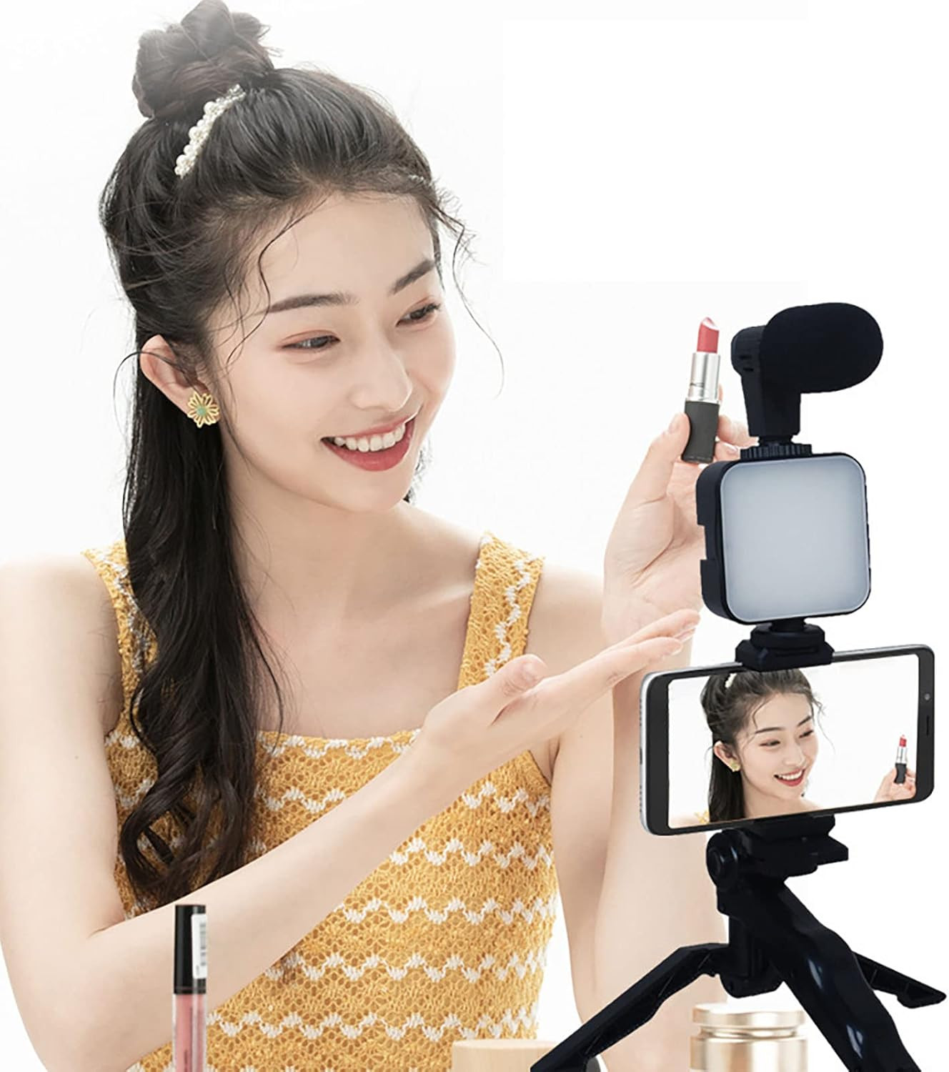 kit vidéo avec trépied, support de téléphone, microphone, lumière LED pour Podcast