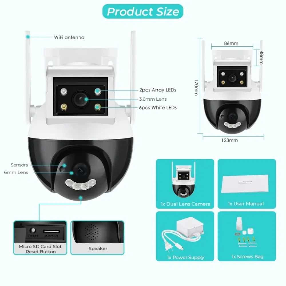 Caméra de Surveillance Double Lens Externe 6MP 2K Smart IP