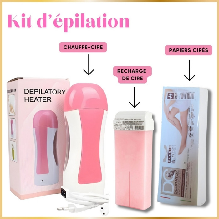 Kit Épilation Cire Rose Chauffe-Cire Électrique & Cartouche Roll Bright & Bandes